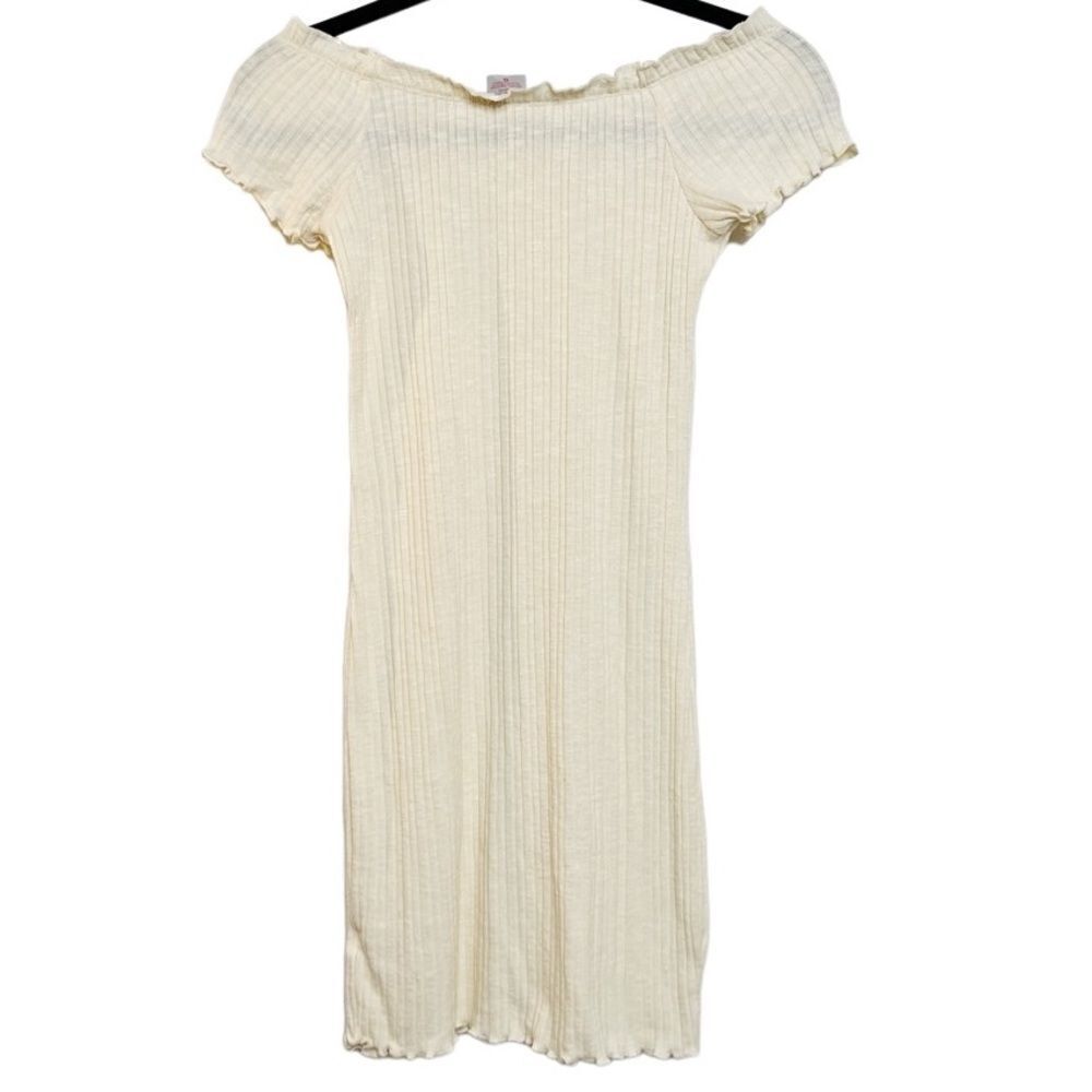 No Boundaries Ribbed Off The Shoulder Ruffle Mini Dress Cream Size Small - Picture 2 of 5